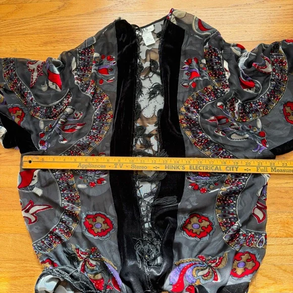 Vtg J.B.S. Silk Burnout Velvet Kimono Beaded Fringe Boho Whimsigoth - Picture 7 of 8